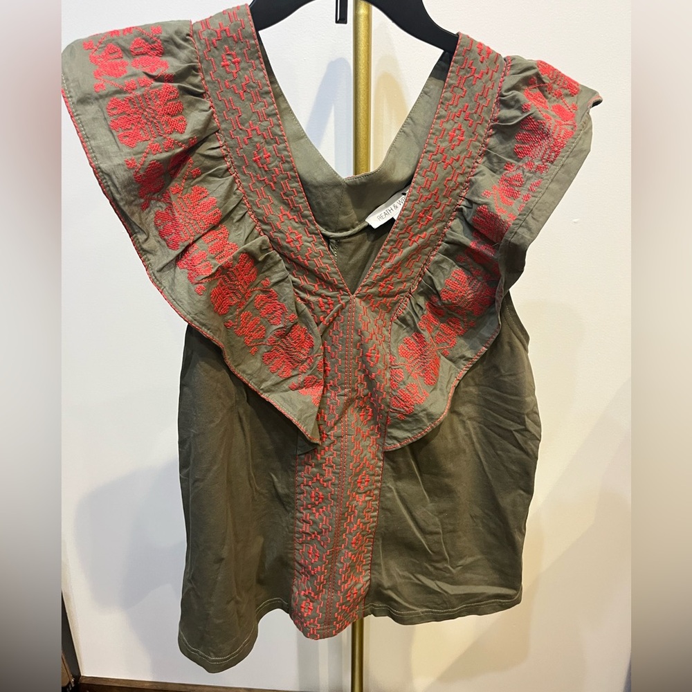 Elegant Olive and Red Embroidered Blouse